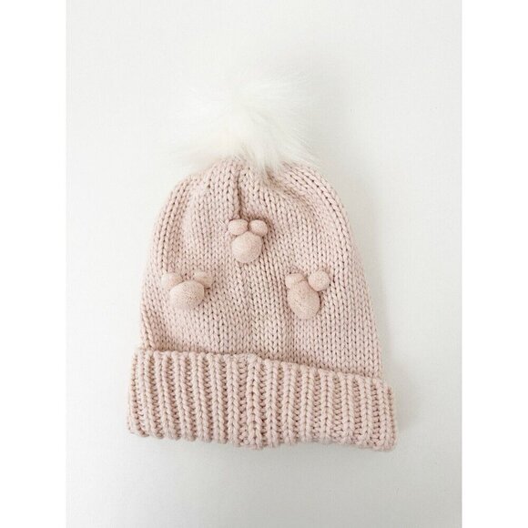 Disney Mickey Mouse Knitted Pom Beanie Hat Adults Pink White Worn 1X - Picture 4 of 4